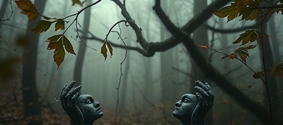 intricate revival process, introspective expression, transitioning into a new form, photorealistic, in a serene forest with misty fog, highly detailed, dew drops on leaves, shallow depth of field, muted earthy colors, diffused natural light, shot with a 50mm lens.