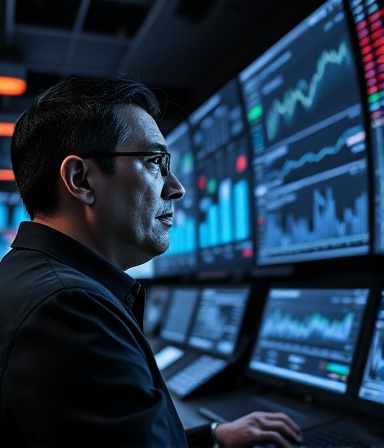 insightful growth insights, contemplative expression, analyzing data streams, photorealistic, high-tech control room filled with displays, highly detailed, pulsating graphs and charts, razor-sharp clarity, monochrome with neon highlights, low-key lighting, shot with a 35mm lens.