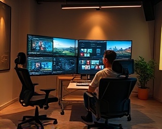 innovative editing software, engaged, arranging scenes, photorealistic, modern workspace with ergonomic chairs, highly detailed, interactive interface elements, crisp focus, earth tones, LED backlit, shot with a standard lens
