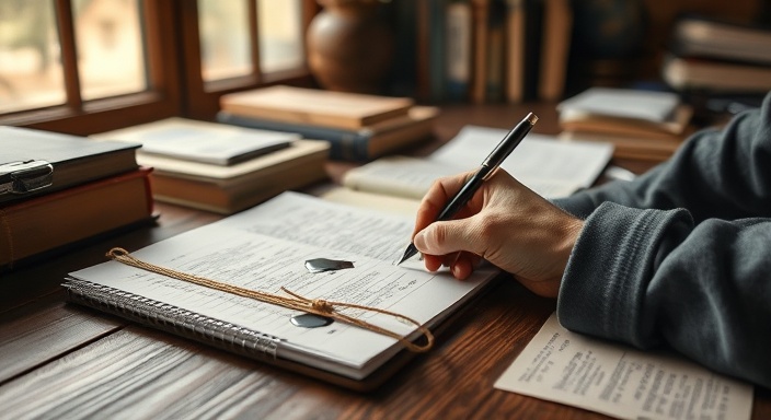 detailed review comment, interested, writing notes with a pen, photorealistic, at a wooden writing desk filled with papers and books, highly detailed, ink spills on papers, 70mm lens, sepia tones, soft window light, shot with a macro lens.