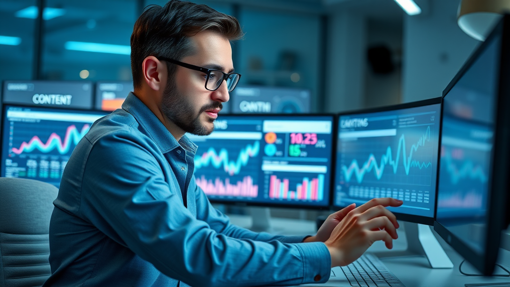 professional reviewing content strategy performance metrics on a data dashboard