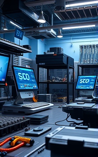 innovative SEO tools, exploratory, scrolling through a software interface, photorealistic, high-tech lab filled with gadgets, highly detailed, moving holograms, 8K resolution, cool metallics, dramatic spotlights, shot with a 85mm camera lens.