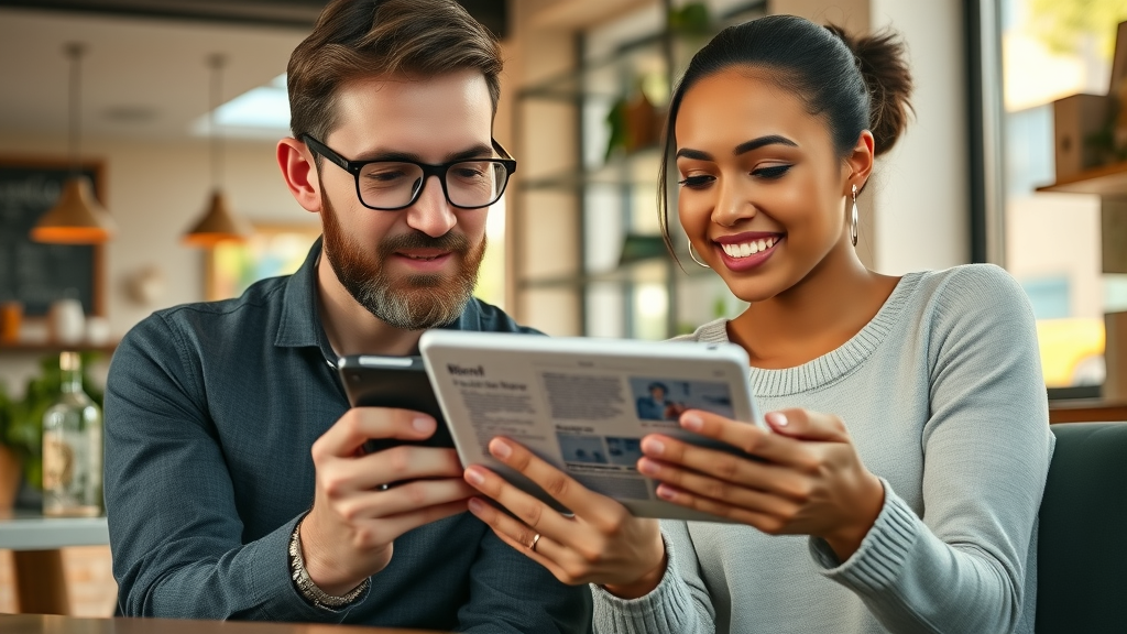 Engaged customers sharing and reading quality blog content on a digital device, small business audience