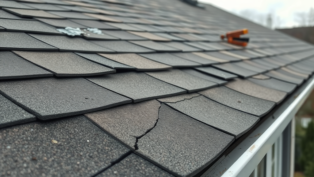 Roof repair near me damaged roof with missing shingles and visible water stains close-up