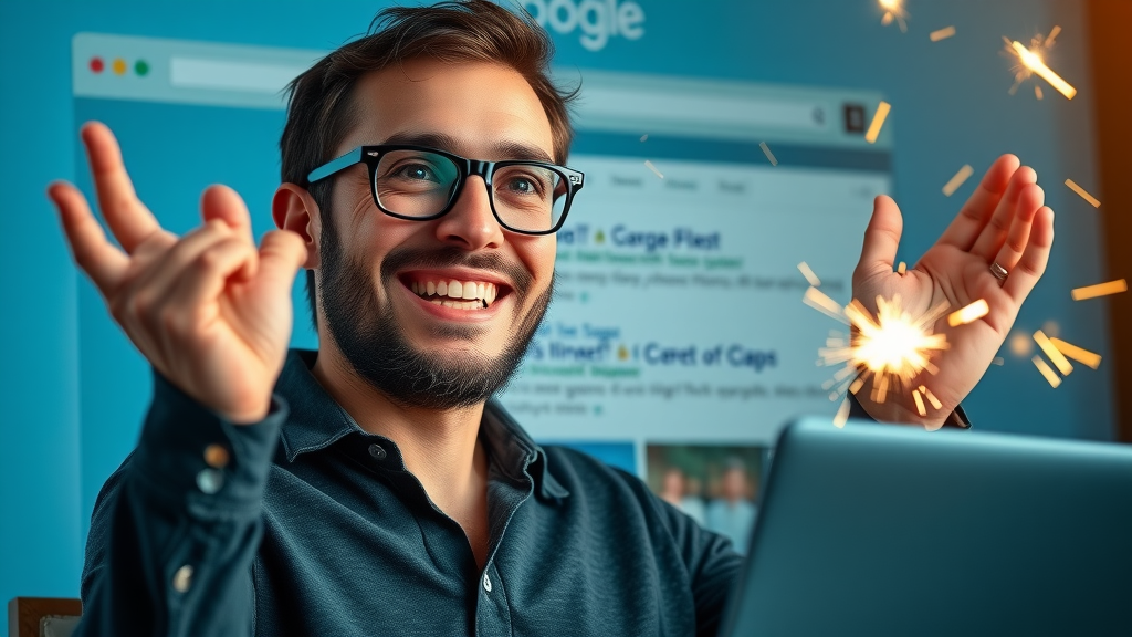 Blogger celebrating blog post achieving featured snippet and top SERP result