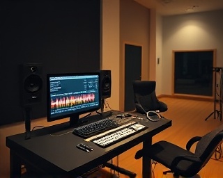 efficient editing process, focused, synchronizing audio, photorealistic, quiet room with acoustic treatment, highly detailed, dynamic audio waves, smooth gradients, warm hues, natural lighting, shot with a portrait lens