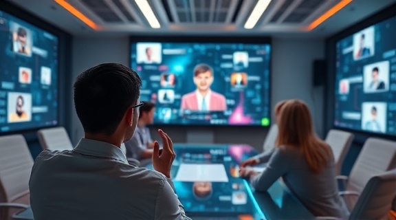 engaging socialmedia feedback, focused, responding, photorealistic, a digital meeting room with holographic displays, highly detailed, swirling graphics and chat heads, medium shot, neon accents, soft office lighting, shot with a 28mm lens.