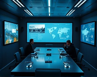 unified mission strategy, intense collaboration, devising plans, photorealistic, high-tech meeting room with digital boards, highly detailed, interactive displays, 8K ultra-wide resolution, cool and calm colors, diffused natural light, shot with a 24mm lens.