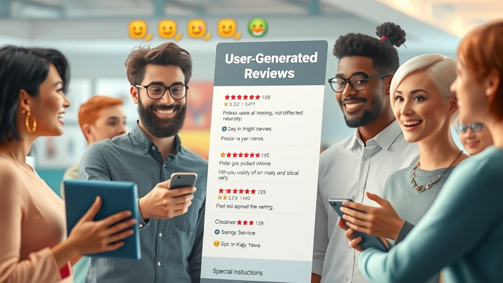 User-generated content for small business blogs: Diverse customers leaving positive reviews on a digital interface