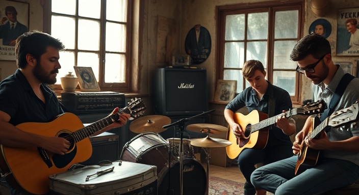 nostalgic revival band, reflective expressions, composing new music, photorealistic, inside a vintage rehearsal room with old records, highly detailed, sunlight streaming through dusty windows, rich and muted colors, dappled lighting, shot with a telephoto lens.