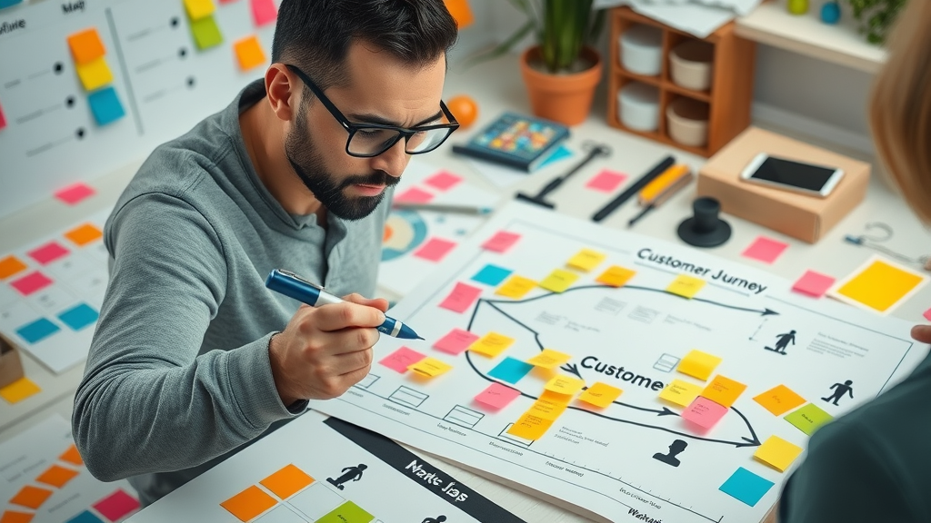 digital marketing strategies - innovative marketer sketching customer journey map, focused planning marketing personas and strategies