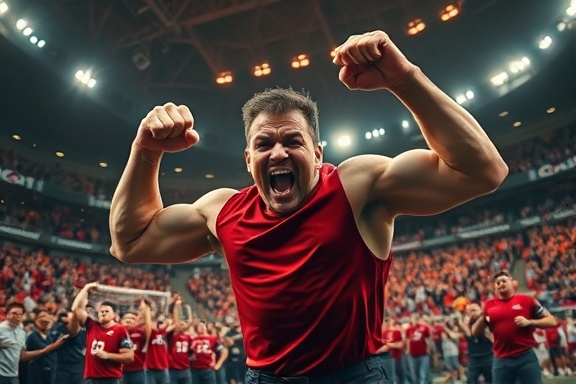 forceful revival energy, fierce expression, exerting strength, photorealistic, within a vibrant sporting arena, highly detailed, crowd in motion, high dynamic range, bold reds and blacks, stark stadium lights, shot with a wide-angle lens.
