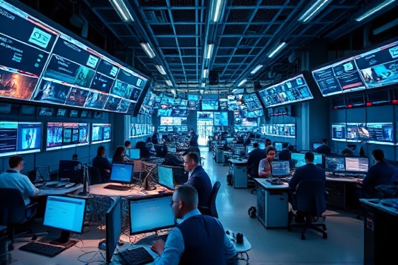 dynamic reputation enhancement, focused, implementing strategies, photorealistic, bustling media newsroom with digital screens, highly detailed, rapid data exchange visuals, crisp resolution, rich blues and silvers, fluorescent lighting, shot with an 85mm lens.