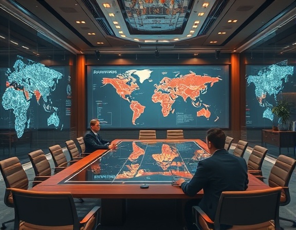 expert reputation strategy, determined, brainstorming, photorealistic, futuristic boardroom with transparent walls, highly detailed, holographic charts and maps, ultrasharp, earth tones with bright accents, warm ambient lighting, shot with a 24mm lens.
