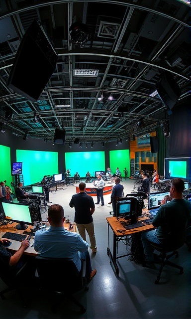 state-of-the-art video studio, bustling, coordinating a live broadcast, photorealistic, with green screens and staging equipment in the background, highly detailed, activity in foreground and background, ambient lighting, shot with a fish-eye lens
