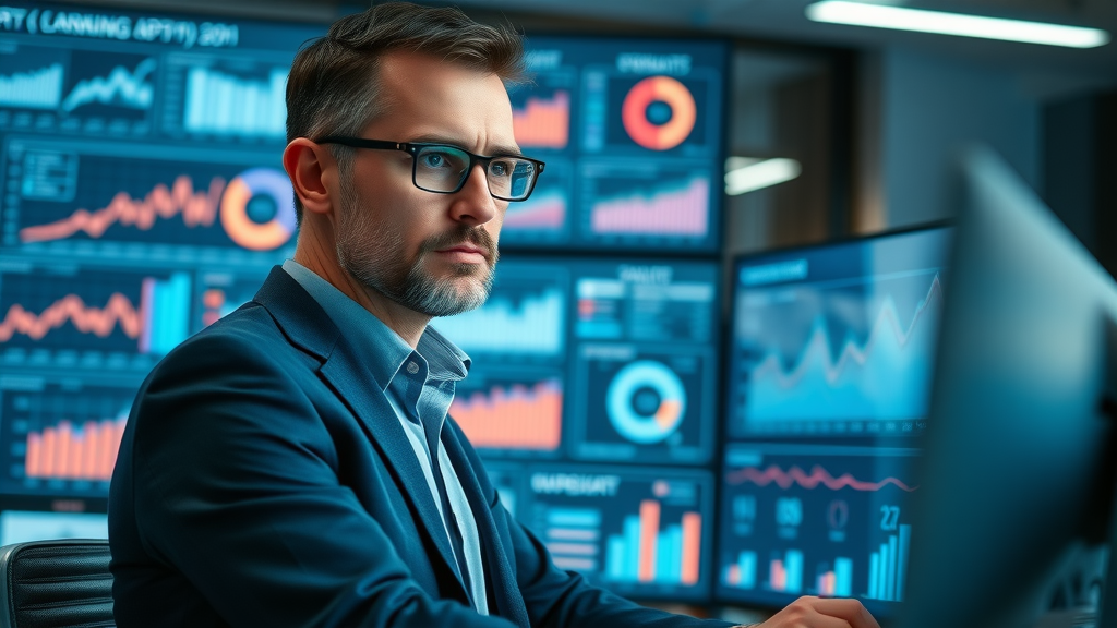 business analyst reviewing blog-driven sales analytics dashboard in modern office
