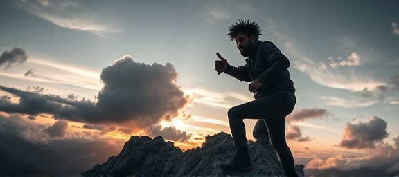 resilient lead resurgence, determined expression, asserting dominance, photorealistic, on top of a rugged mountain at sunset, highly detailed, clouds moving swiftly, panned effect, cool grey tones, dramatic silhouetted lighting, shot with a fisheye lens.