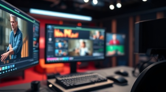 advanced video editing software, intuitive, applied to post-production, photorealistic, on a digital workstation with futuristic interface, highly detailed, animated sequences unfolding, contrasted colors, digital light source, shot with a tilt-shift lens