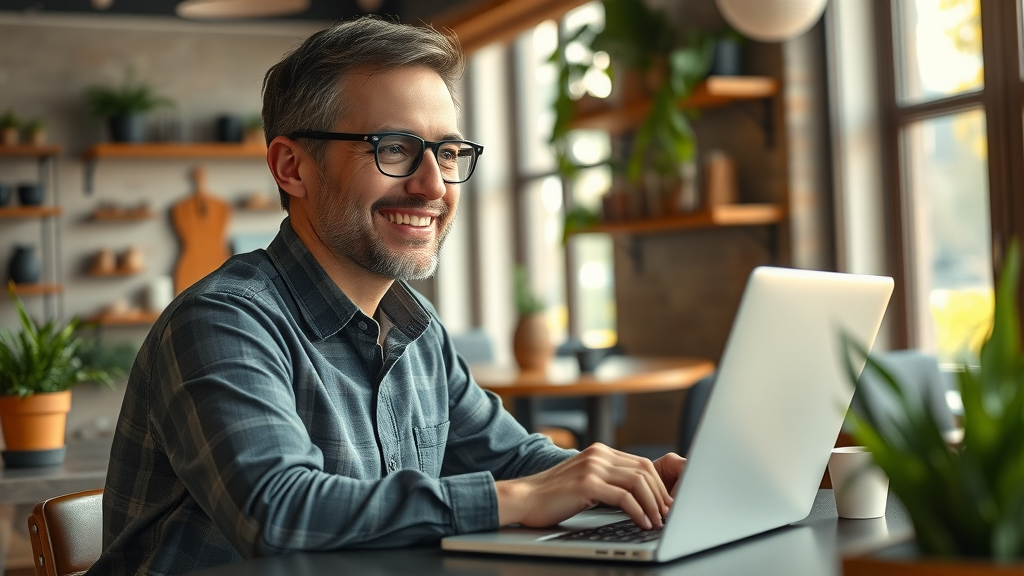 small business café owner updating business blog benefits of blogging