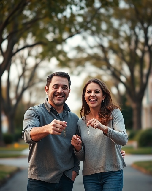 happy family, excited expression, holding keys to a new home, photorealistic, suburban street lined with trees, highly detailed, breeze causing leaves to sway, realistic textures, earthy colors, soft evening light, shot with a 35mm lens.