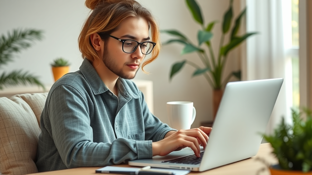Business blogger writing insightful blog posts in cozy home office for small business