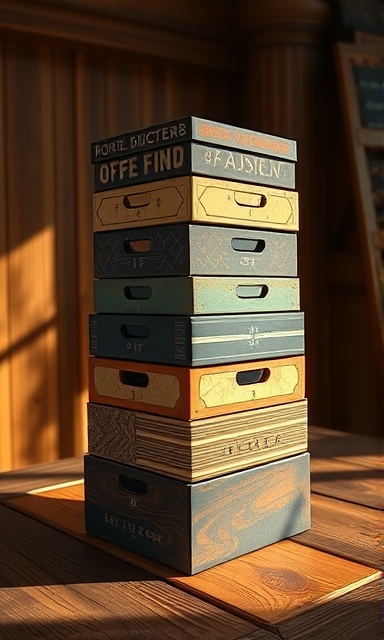 innovative custom box, uniquely structured, stack in an artful display, photorealistic, on a wooden table with artistic shadows from overhead lighting, highly detailed, revealing textures and geometrical patterns, deep earthy tones, warm lighting, shot with a Sony SEL85F18 85mm f/1.8 lens.