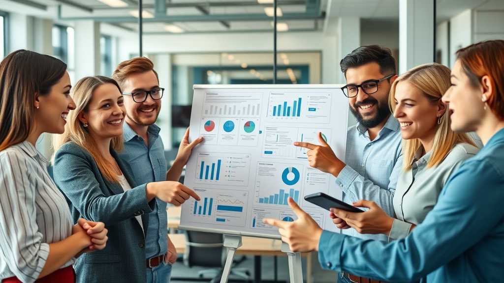 dynamic business team collaborating with creative content marketing ideas, charts, and digital devices in a vibrant modern office