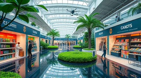 visionary growth retail, passionate, executing, photorealistic, futuristic retail park blending nature with technology, highly detailed, autonomous service robots and drone deliveries, cinematic quality, vivid greens, environmental lighting, shot with a panoramic lens.
