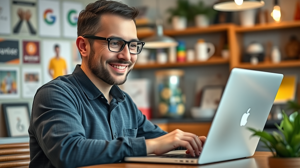 Using Google Search Console for small business blogs: Business owner updating Google Business Profile on laptop in cozy office