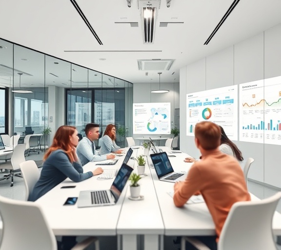 comprehensive suite strategy, involved, networking, photorealistic, modern coworking space with glass partitions, highly detailed, real-time dashboard and interactive workshops, super high-definition, bright whites, even lighting, shot with a close-up lens.