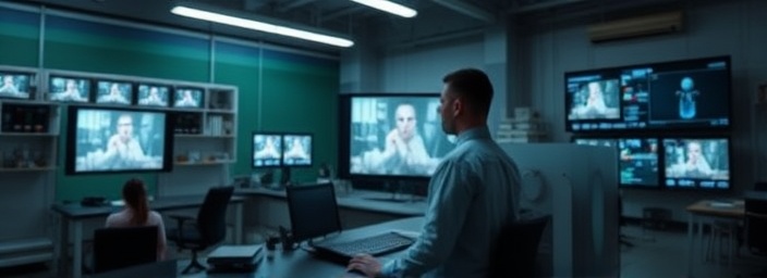 intuitive editing software, absorbed, trimming sequences, photorealistic, high-tech lab with touchscreens, highly detailed, streamlined UI animations, tack-sharp, metallic tones, spotlight focus, shot with an ultra-wide lens