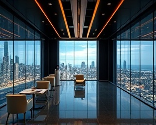 sleek retail suite, sophisticated, orchestrating, photorealistic, contemporary skyscraper suite with city views, highly detailed, augmented reality projections and seamless communication, pixel perfect, metallic shades, spotlight illumination, shot with a telephoto lens.