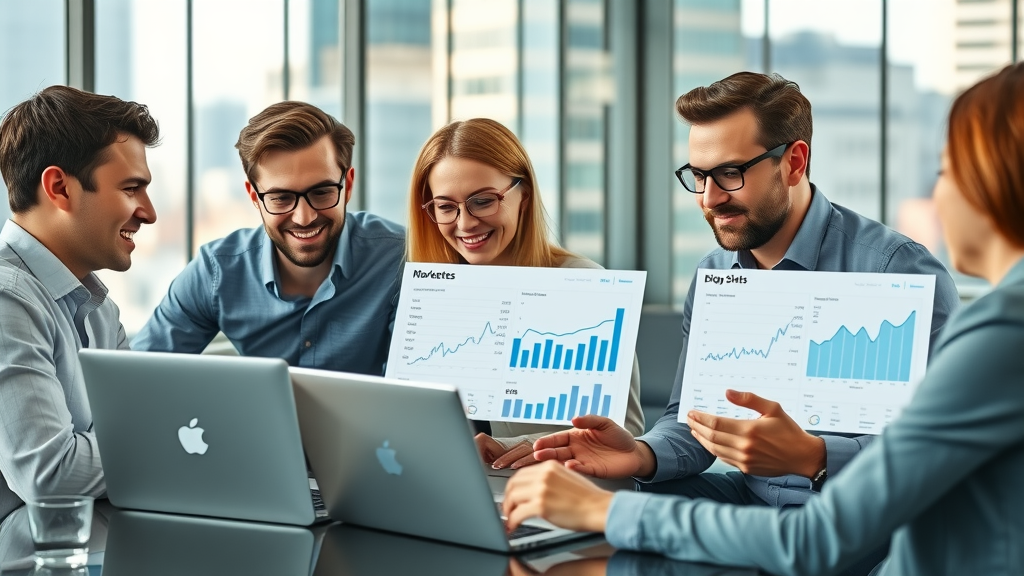 professional marketers analyzing blog-driven revenue charts in a modern office for blogging impact on sales