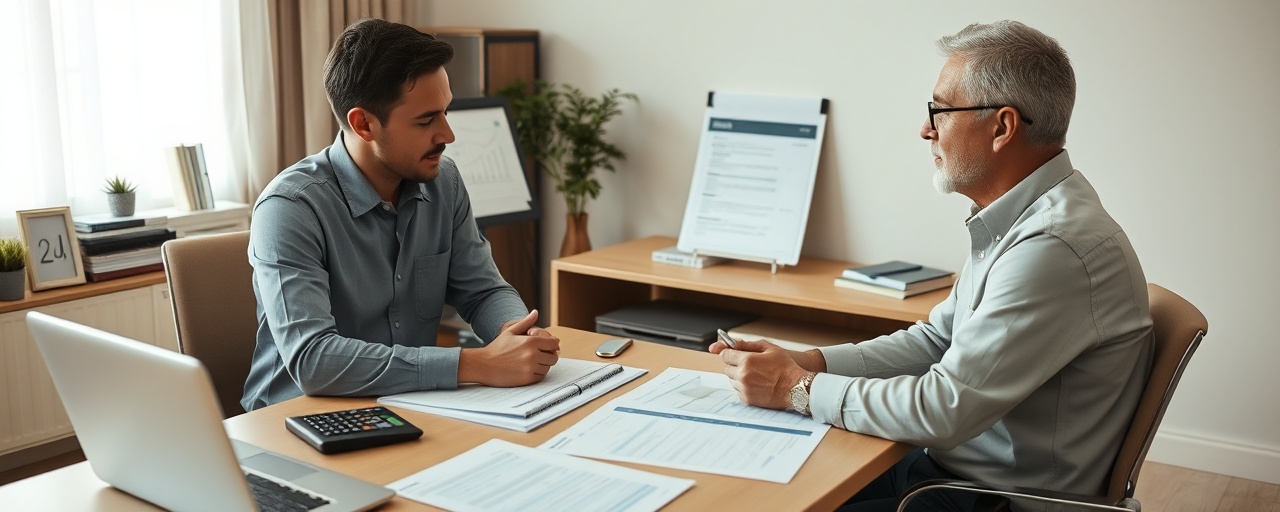 organized consultation appointment, client and consultant, planning financial future, photorealistic, spacious desk area with calendars and spreadsheets, highly detailed, calculator and reports on desk, 10k resolution, calming beige tones, diffused artificial light, shot with a 105mm lens.
