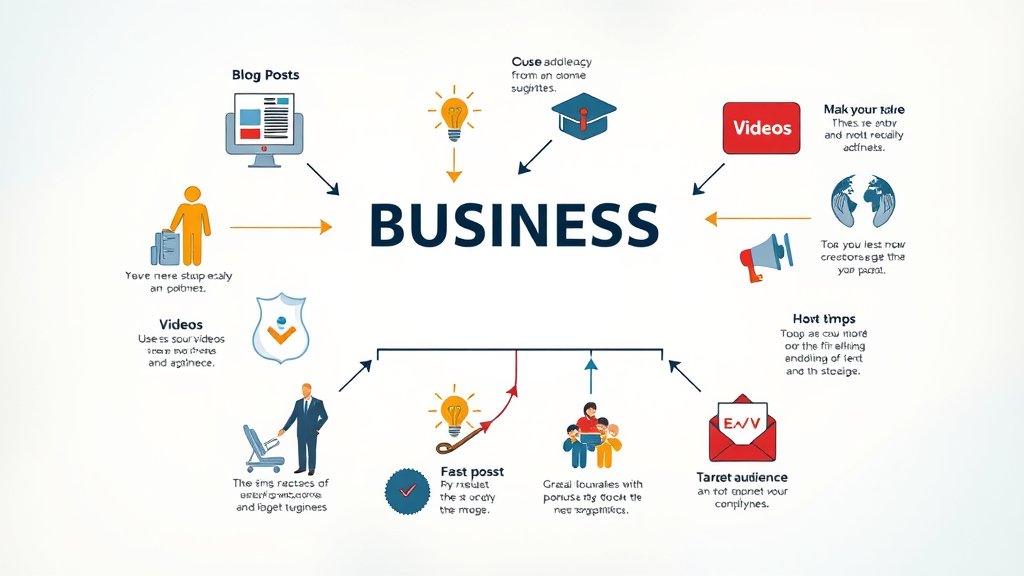 business infographic illustrating blog posts, videos, email, and target audience flow in content marketing