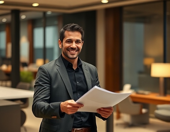 satisfied client, content expression, receiving a completed project, photorealistic, modern office environment with sleek furniture, highly detailed, papers slightly rustling, crisp clarity, warm tones, ambient lighting, shot with an 85mm lens.