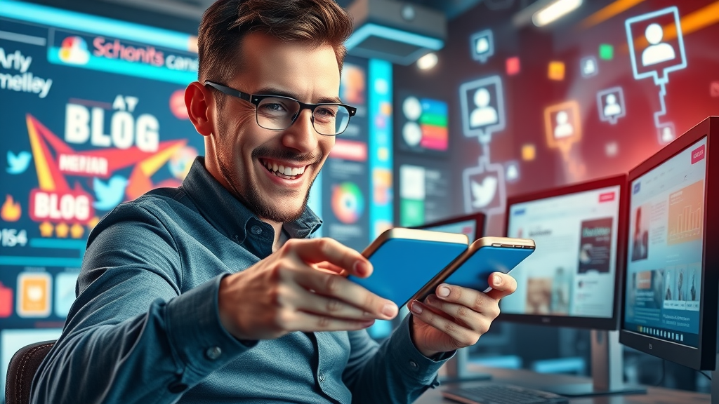 Marketer sharing small business blog content on various social media platforms, integrated marketing strategy