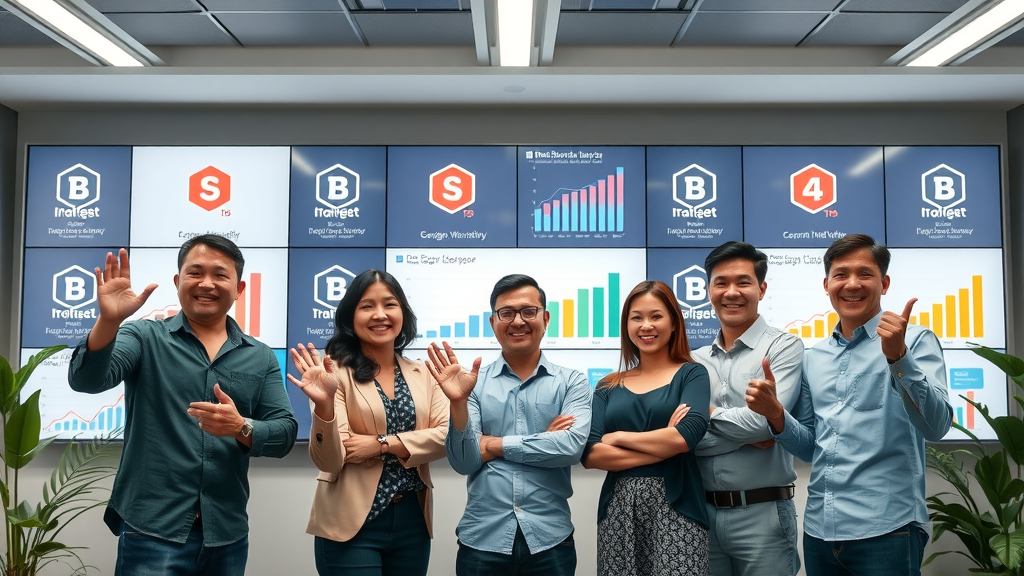 successful brand team celebrating increased brand awareness, standing before screens displaying logo growth and digital charts