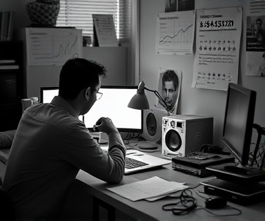 critical socialmedia ratings, reflective, judging, photorealistic, a home office cluttered with gadgets and review sheets, highly detailed, graph lines and star ratings floating in air, intimate shot, monochrome, desk lamp lighting, shot with an 85mm lens.