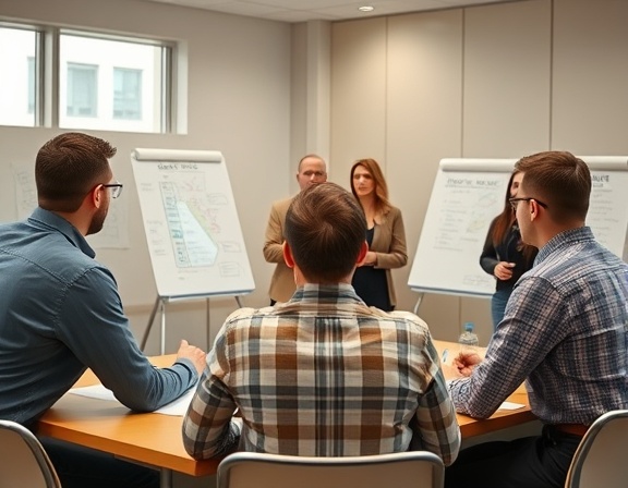 collaborative mission planning, thoughtful consideration, brainstorming, photorealistic, conference room with multiple teams and whiteboards, highly detailed, dynamic group interaction, medium format digital, warm colors, natural light, shot with a 24-70mm lens.