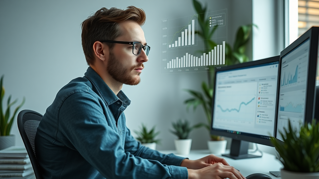 measuring blog engagement analytics, marketer examining KPIs dashboards in a modern office