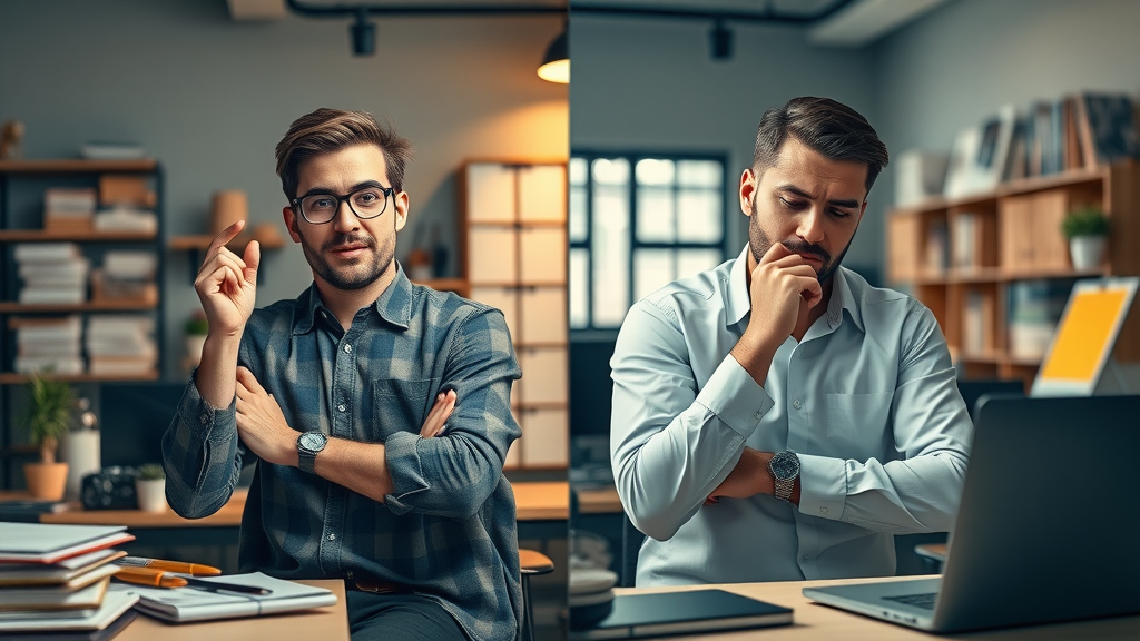 Successful vs. failed small business marketing tactics: confident vs. frustrated marketer, organized vs. cluttered workspace
