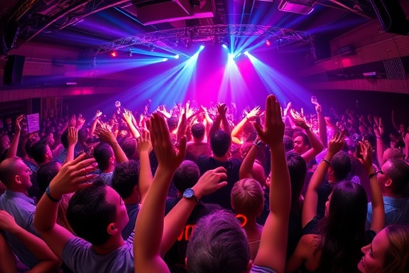 thrilling revival live, ecstatic expressions, energetic dance moves, photorealistic, at a bustling club with flashing lights, highly detailed, a sea of hands in the air, vivid clarity, electric hues, strobe lighting effects, shot with a fisheye lens.