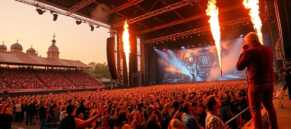 dynamic revival concert, passionate expressions, captivating performance, photorealistic, large outdoor festival setting with thousands of fans, highly detailed, stage smoke and pyrotechnics, deep contrast, warm and cool tones, golden hour lighting, shot with a wide-angle lens.
