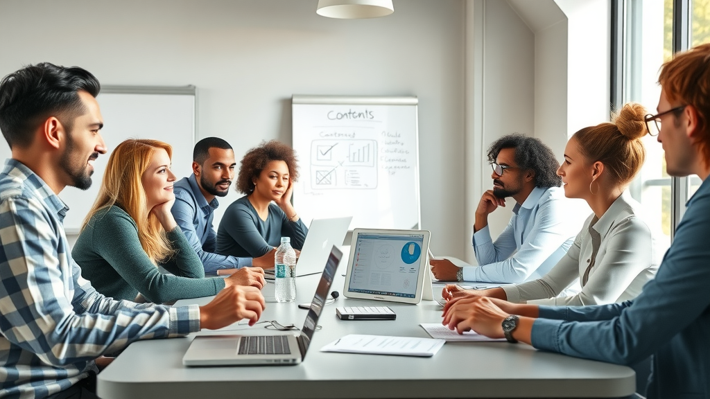 engaging customers with blog content, dynamic business team discussing content strategy, collaborative, diverse professionals, brainstorming ideas at a modern office table, sunlit workspace