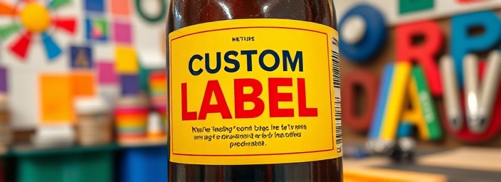 vibrant custom label, boldly expressive, being applied to a product, photorealistic, against a colorful workshop filled with design materials, highly detailed, showcasing typography and graphics, vivid and sharp, natural indoor lighting, shot with a Canon RF 35mm f/1.8 IS Macro STM lens.