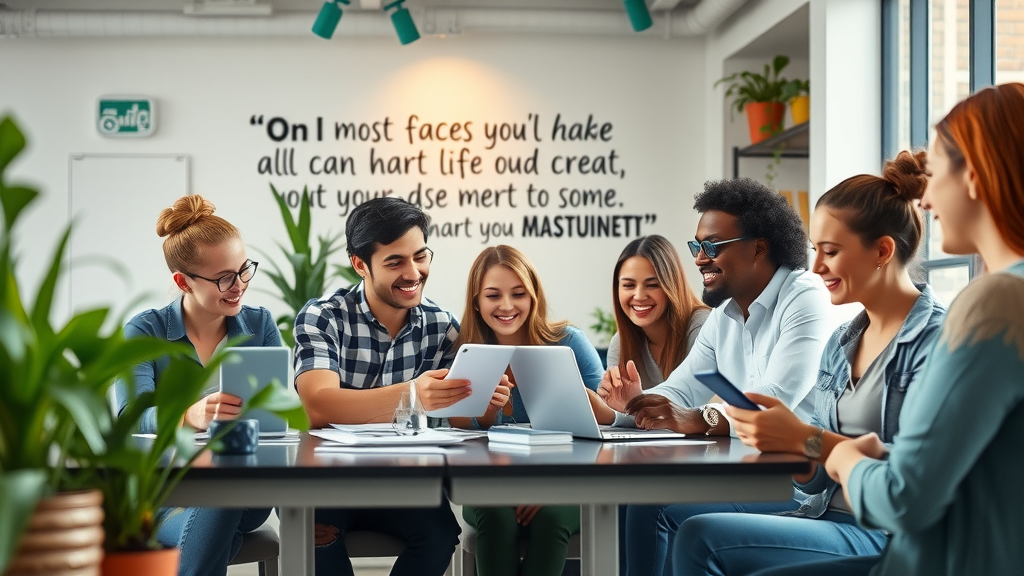 vibrant small business office team collaborating for content marketing strategy, modern workspace with indoor plants