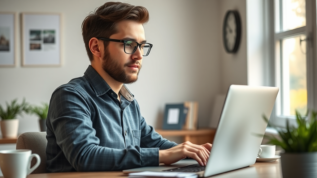 Professional small business owner typing blog content in a cozy office, importance of blogs for small businesses
