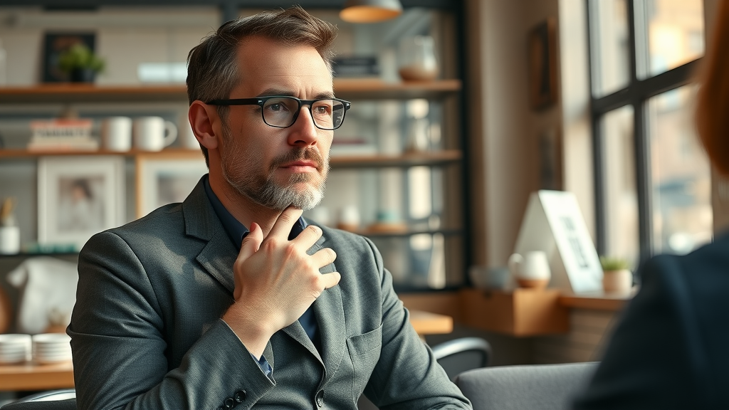 Confident small business owner being interviewed for a business blog in an urban coffee shop setting