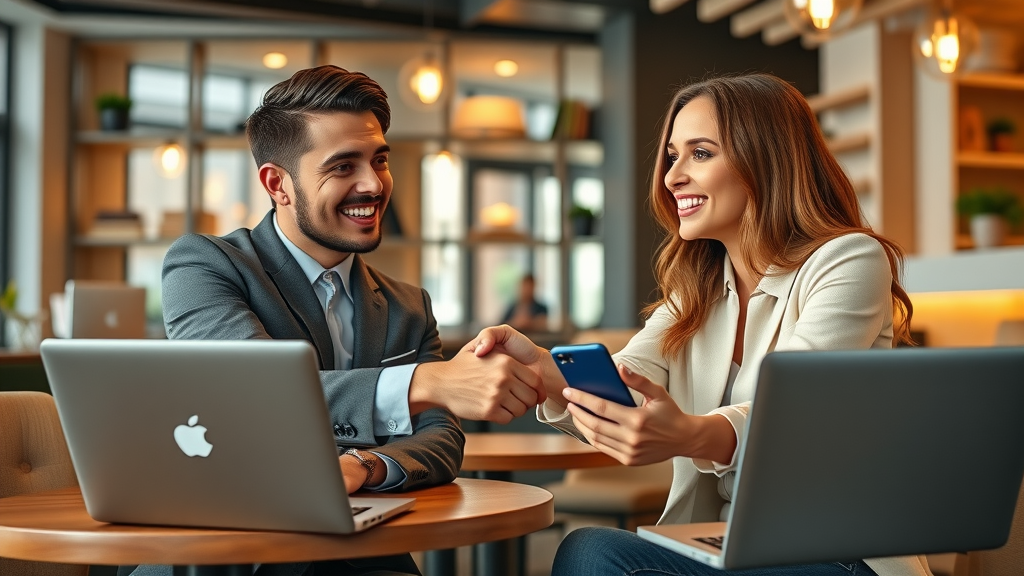 influencer and blogger collaborating over media posts in a trendy café setting